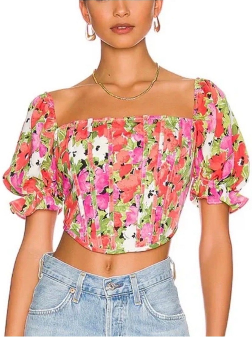 Revolve More To Come XS Puff Sleeve Floral Crop Top - Pink Multi